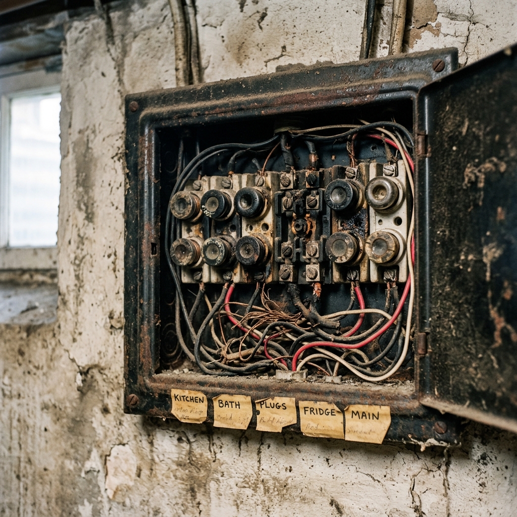 Messy Outdated Fuse Box (Before)